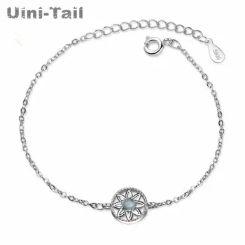 Uini-Tail нов 925 тибетски сребърен син лотос сладки пресни гривна Корейски темперамент бижута кухи цветето кръг гривна