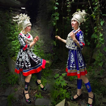 Хмонг Облекло за Жени, Китайски Костюми на Бутик Етнически Стил Представа Мяо Шапка Облекло Народен Танцов Костюм Възрастни Дами